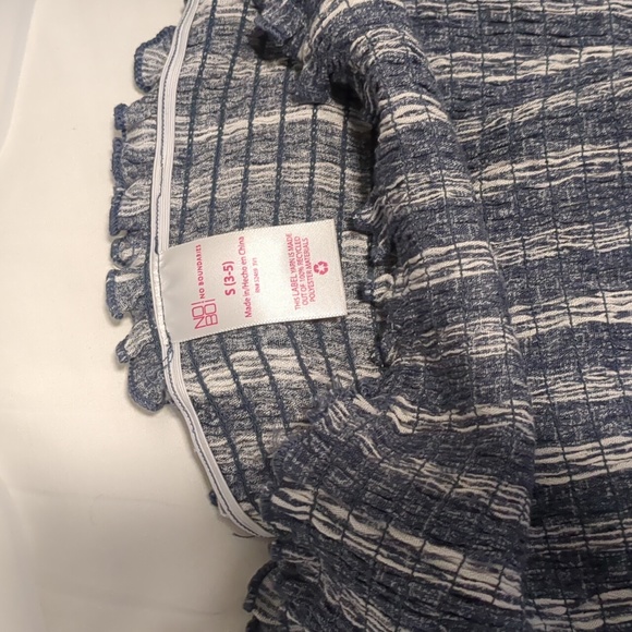 2 piece set off the shoulder top and pant. Navy denim color and white striped. - Picture 6 of 7